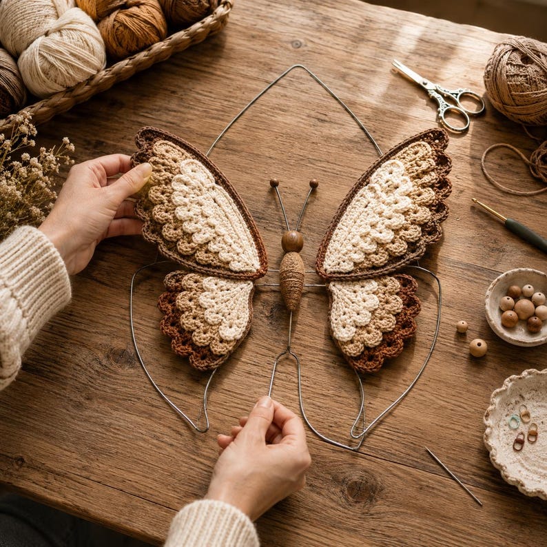 Peut inclure: Un projet d'artisanat en forme de papillon d&eacute;coratif avec quatre ailes crochet&eacute;es dans des tons cr&egrave;me, beige et brun fonc&eacute;, fix&eacute;es sur un cadre en fil m&eacute;tallique argent&eacute;. Le corps est compos&eacute; d'une perle en bois et de ficelle brune.