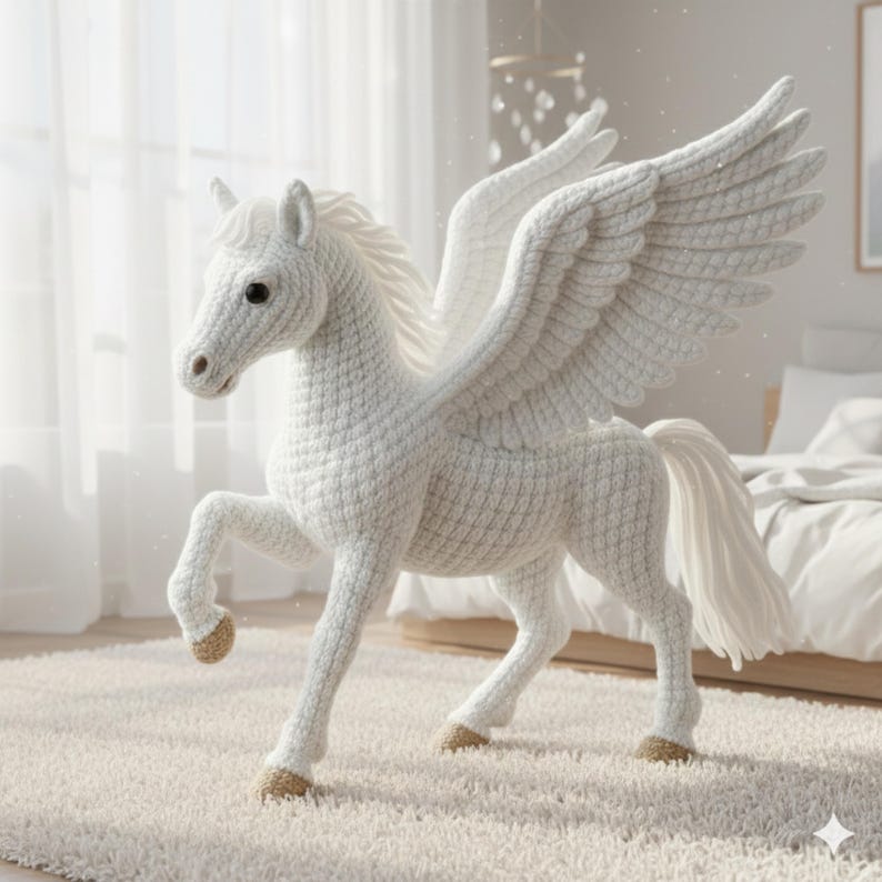 May include: A white crochet Pegasus toy with outstretched wings, standing on a cream-colored rug. The mythical creature has a detailed mane, tail, and hooves. The wings are large and detailed. The toy is a soft, handmade item.