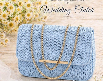 Bride Clutch Crochet Wedding Clutch, Light Blue Bridal Purse, Handmade Wedding Bag, Bride Accessories, Elegant Chain Clutch Gift for Bride