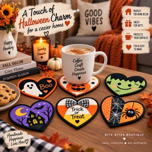 May include: A set of six heart-shaped fabric coasters featuring Halloween designs including a ghost with the text Boo, a jack-o'-lantern, a Frankenstein monster, a haunted house, candy corn with the text Trick or Treat, and a spider.