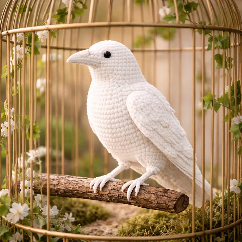 May include: A handcrafted, white crochet bird perched on a wooden branch inside a gold birdcage. The bird has a detailed, textured appearance with a black eye. The cage is adorned with white flowers and green vines, creating a whimsical, decorative piece.