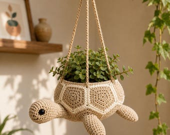 Crochet Turtle Hanging Planter Pattern PDF, Turtle Plant Hanger Crochet Tutorial, Boho Turtle Basket Pattern, Amigurumi Planter Decor