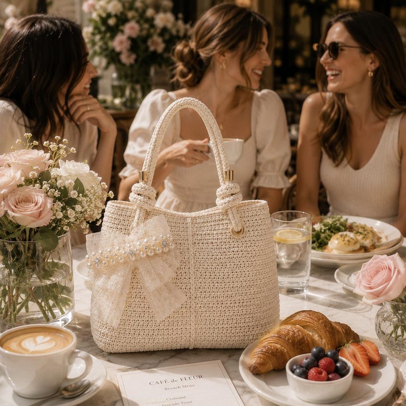 May include: A cream-colored woven handbag featuring two sturdy top handles, a structured base, and a decorative sheer tulle bow adorned with white faux pearls and small clear crystals attached to the front side of the bag.