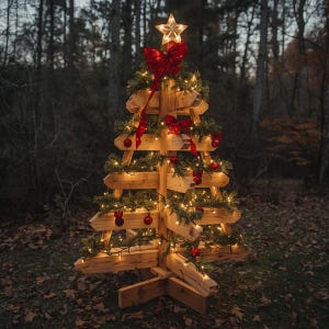Pode incluir: Uma árvore de Natal de madeira com uma estrela no topo, laços vermelhos e enfeites. A árvore é decorada com luzes de corda e fica ao ar livre em uma área arborizada. A árvore tem aproximadamente 183 cm de altura.