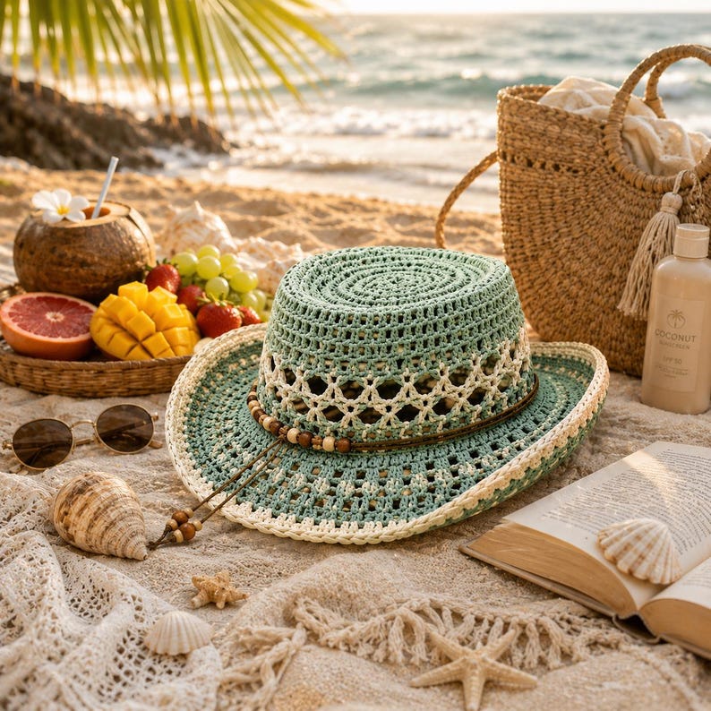 May include: A sage green and cream crocheted sun hat featuring an open-weave pattern, a flat crown, and a brown cord band adorned with wooden beads. The hat is positioned on a sandy surface alongside a woven straw bag, a book, and fruit.