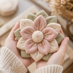 Könnte beinhalten: Eine handgefertigte Stoffblume mit geschichteten Blütenblättern in zartem Rosa, Creme und Salbeigrün. Das Zentrum der Blume ist eine strukturierte Kugel mit filigranen Details. Die Blütenblätter haben ein subtiles Blumenmuster.