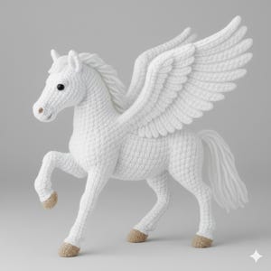 May include: A white crochet Pegasus with large, detailed wings, a flowing mane, and a tail. The mythical creature has tan hooves and is posed with one leg raised. The handmade toy is set against a neutral background.