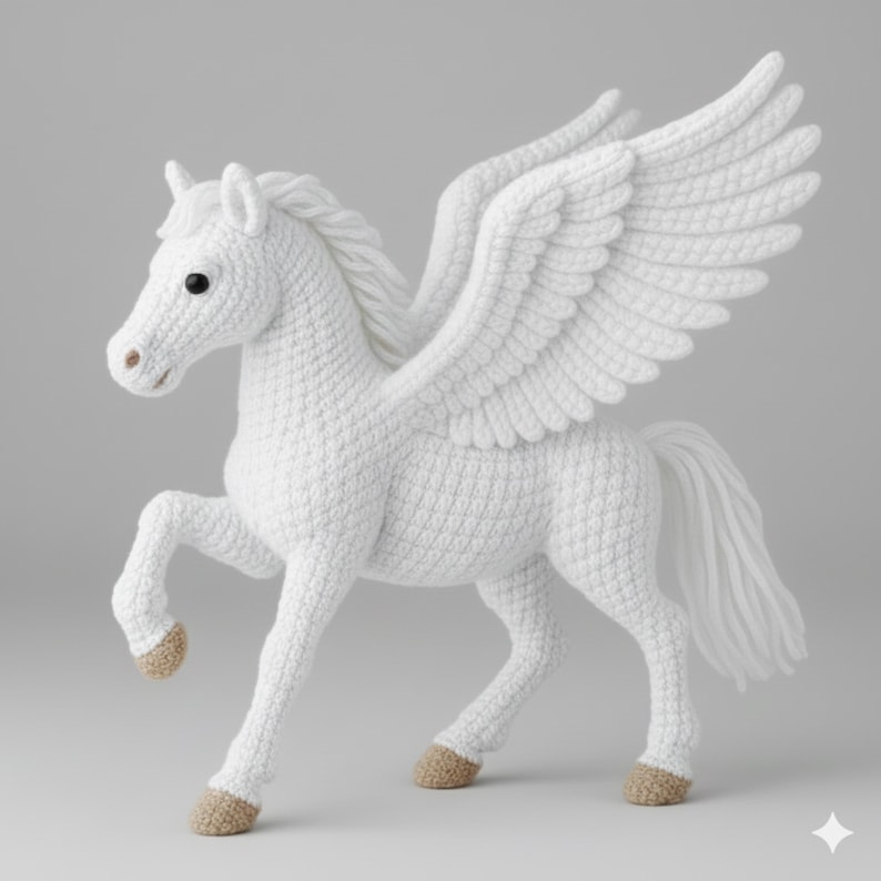 May include: A white crochet Pegasus with large, detailed wings, a flowing mane, and a tail. The mythical creature has tan hooves and is posed with one leg raised. The handmade toy is set against a neutral background.