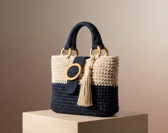 Modello per borsa tote all'uncinetto bicolore, tutorial per borsa a mano in filato di t-shirt, borsa hobo fai da te all'uncinetto, modello facile per borsa da mercato, borsa all'uncinetto per principianti in formato PDF