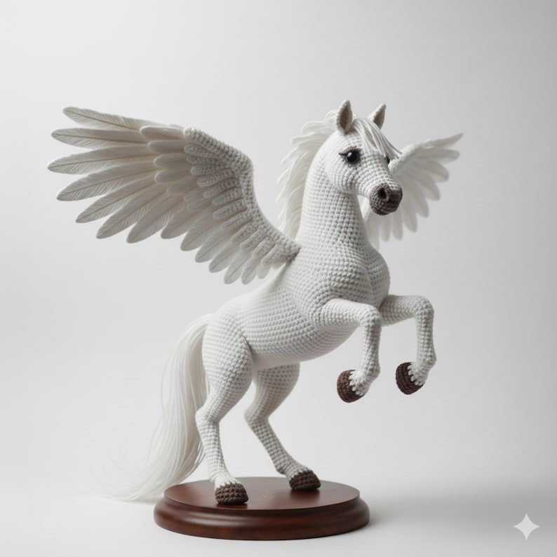 May include: A white crochet Pegasus sculpture with outstretched wings, standing on its hind legs. The mythical creature has a brown base and hooves. The wings are detailed with individual feathers. The sculpture is set against a white background.