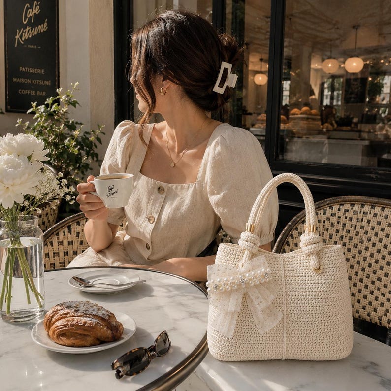 May include: A cream-colored woven handbag featuring two top handles and a decorative white tulle bow adorned with faux pearls. The bag has a structured rectangular shape with a vertical seam down the center and gold-tone hardware accents.