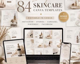 84 Luxury Skincare Canva Templates | Beauty Instagram Template Bundle | Editable Social Media Kit for Spa, Esthetician & Wellness Brands