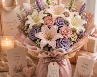 Patrón de ramo de flores de ganchillo Astel en PDF, ramo de lirios y rosas de ganchillo, decoración floral hecha a mano, regalo estilo cottagecore, flores para bodas.