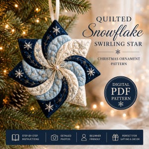 May include: A quilted star-shaped Christmas ornament featuring a swirling pattern in navy blue, light blue, and white fabric with embroidered snowflake details and a central pearl bead. Text reads: QUILTED Snowflake SWIRLING STAR.