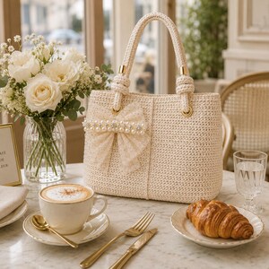 Crochet Pearl Bow Tote Bag Pattern PDF | Beginner Crochet Handbag Purse | Bridal Bow Bag | US Terms | Instant Download image 7