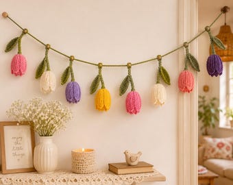 Crochet Tulip Garland, Spring Flower Garland, Cottagecore Wall Decor, Nursery Wall Hanging, Boho Floral Banner, Handmade Home Decor