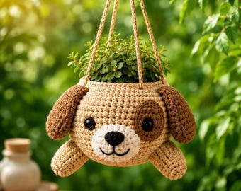 Crochet Dog Hanging Planter Pattern PDF, Dog Plant Holder Crochet Pattern, Puppy Hanging Basket Pattern, Amigurumi Planter Crochet Tutorial