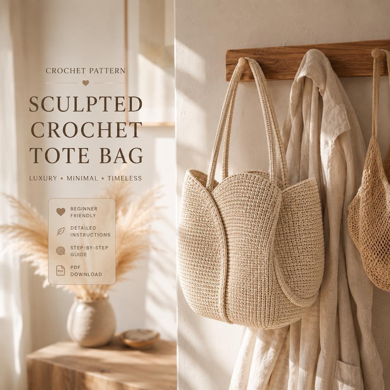 May include: A beige sculpted crochet tote bag with long handles hangs on a wooden rack. The bag has a unique tulip-like shape. The image also displays text that reads "Crochet Pattern" and "Sculpted Crochet Tote Bag".