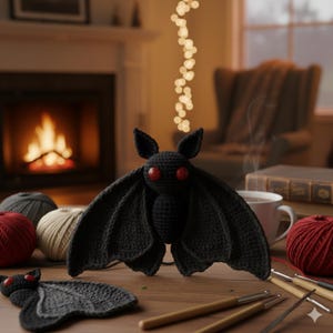 Puede incluir: Una polilla negra de ganchillo hecha a mano con ojos rojos y grandes alas se muestra sobre una superficie de madera. Una polilla de ganchillo más pequeña y plana está delante. También se ven ovillos de lana y ganchillos.