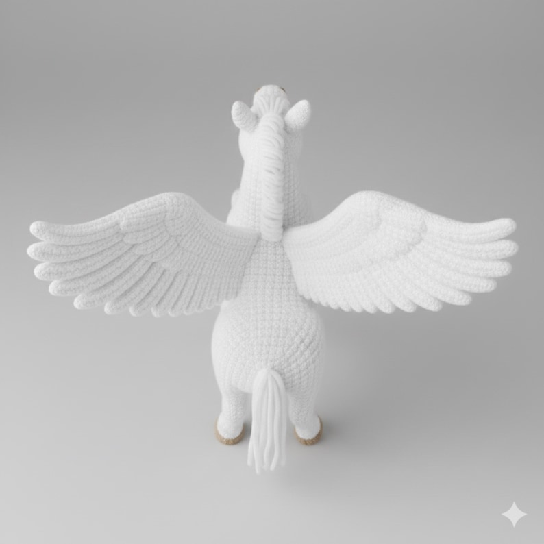May include: A white, crocheted Pegasus toy with outstretched wings. The handmade mythical creature has a detailed texture, a flowing tail, and small, tan hooves. The wings are spread wide, showcasing the intricate crochet pattern.