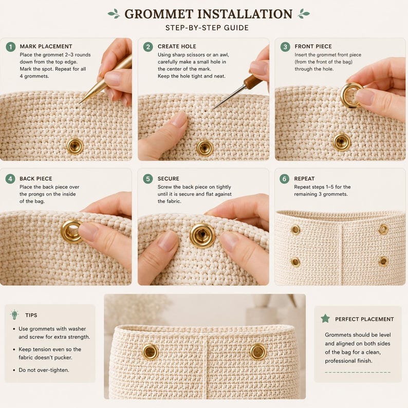 May include: A six-step instructional guide titled GROMMET INSTALLATION showing how to attach gold-colored metal grommets to a beige crocheted fabric bag. The steps illustrate marking, hole creation, inserting front and back pieces, and securing.