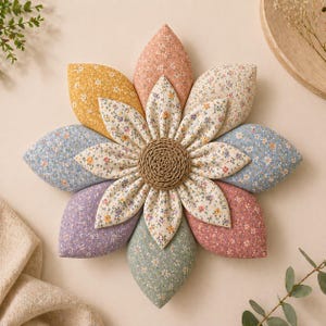 以下が含まれることがあります： 黄色、ピンク、青、ラベンダーなど、さまざまなパステルカラーの複数の花びらを持つ、手作りの大きな布の花。 中央は織り込まれた円形のデザインです。 花びらは花柄で、装飾的で手作りのアイテムを作成しています。