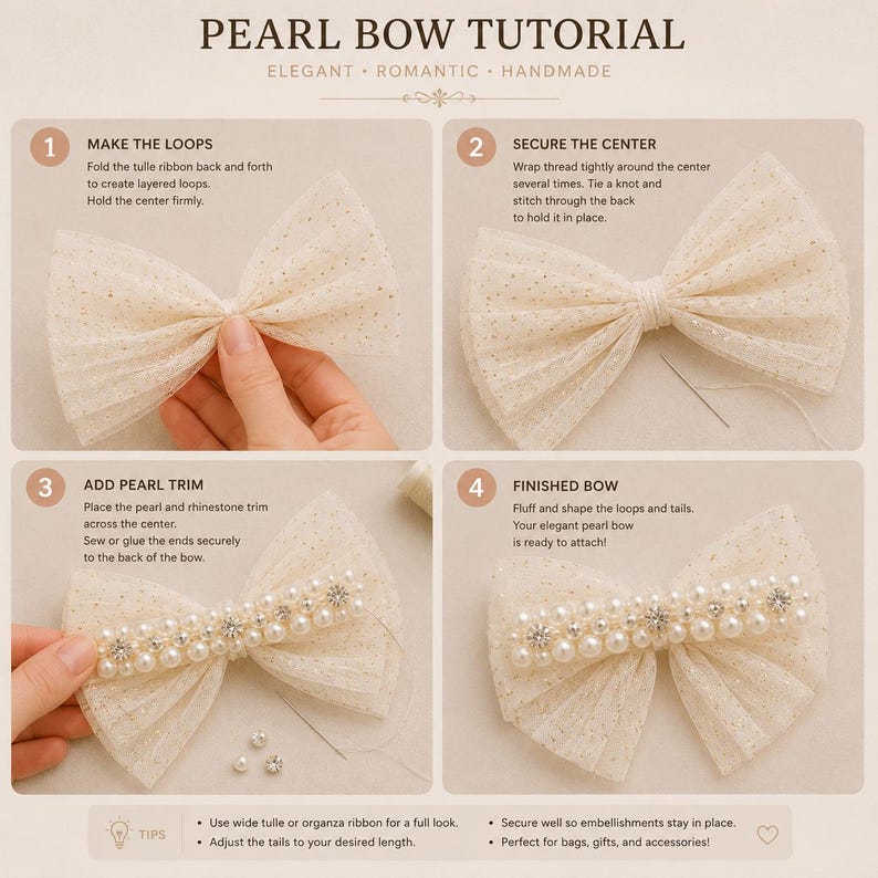 May include: A four-step instructional graphic titled PEARL BOW TUTORIAL showing how to create a bow from glittery cream tulle ribbon. The steps demonstrate folding the tulle, securing the center with thread, and adding a pearl and rhinestone trim.