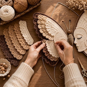 Peut inclure: Un projet au crochet repr&eacute;sentant un visage stylis&eacute; et des ailes de papillon dans des tons cr&egrave;me, beige et marron. La pi&egrave;ce est r&eacute;alis&eacute;e avec des points de fil complexes, incluant des bords festonn&eacute;s, et assembl&eacute;e avec une aiguille.