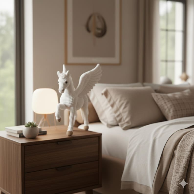 May include: A white ceramic Pegasus figurine with outstretched wings stands on a wooden nightstand. The figurine has a textured surface and is positioned near a small lamp and a potted succulent. The bedroom setting includes a bed with neutral-toned bedding.