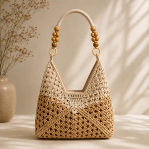Op de afbeelding: Een beige en bruin gehaakte handtas met een gebogen handvat. Het handvat is gemaakt van lichtbeige materiaal en heeft houten kralen. De tas heeft een geometrisch patroon en houten ringaccenten.