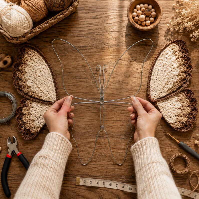 Peut inclure: Une structure de papillon en fil m&eacute;tallique plac&eacute;e entre deux ailes de papillon crochet&eacute;es dans des tons cr&egrave;me et marron. Le cadre en fil pr&eacute;sente deux antennes et un corps central. Un m&egrave;tre ruban, des pinces, du fil et des perles en bois sont visibles.