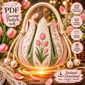 Mönster för PDF med quiltad handväska med tulpanblomma, sömnadsmönster med blommig väska i Cottage Core, handledning för väska med tygblomma, DIY-sömnad med quiltad tulpantyg