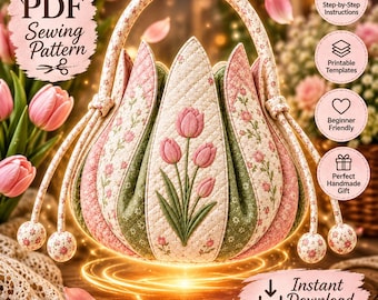 Patrón PDF para bolso acolchado con forma de tulipán, patrón de costura para bolso floral de estilo rústico, tutorial para bolso de tela con flores, costura DIY para bolso de mano acolchado con forma de tulipán