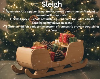May include: A wooden sleigh filled with wrapped gifts and pinecones sits on a wooden surface. The image includes text that reads "4. Pro Tips for a "Perfect" Sleigh". The tips include symmetry, finish, and stability.