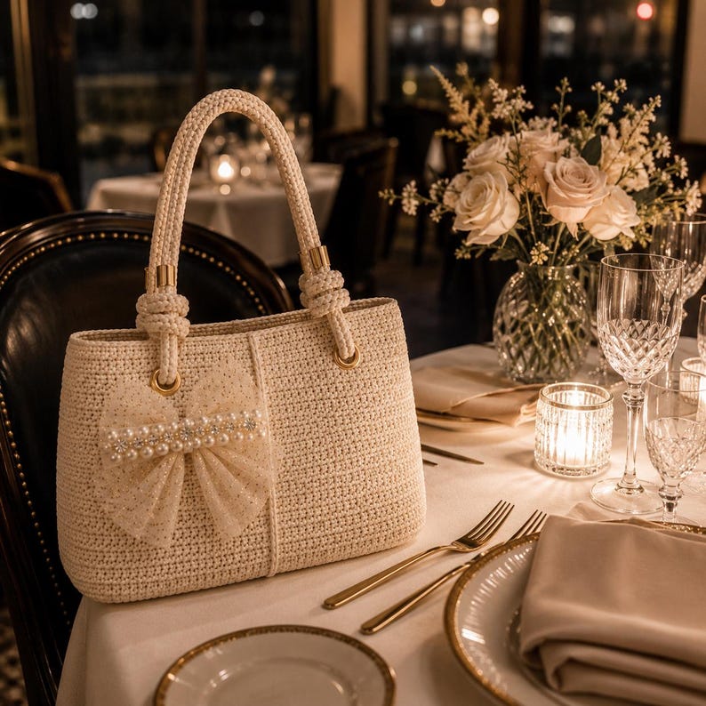 May include: A cream-colored woven handbag featuring two sturdy rope-style handles attached with gold-tone metal rings. The front of the bag is decorated with a sheer, glittery fabric bow accented by a horizontal row of white pearls and clear crystals.