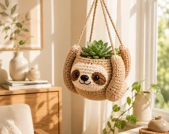 Crochet Sloth Hanging Planter Pattern PDF | Cute Animal Plant Holder Crochet Tutorial,Boho Hanging Basket Pattern,Succulent Planter Crochet