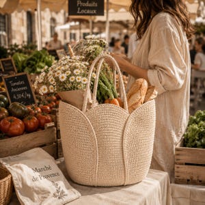 May include: A beige woven tote bag filled with fresh produce, including tomatoes, flowers, and bread, at an outdoor market. The bag has two handles and a unique petal-like design. A sign reads "Tomates Anciennes 4,50&euro;/kg."