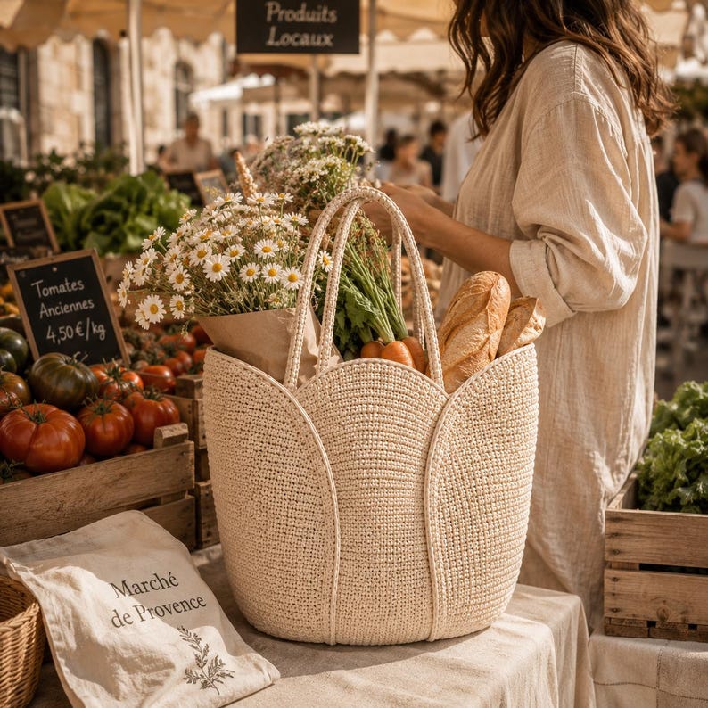 May include: A beige woven tote bag filled with fresh produce, including tomatoes, flowers, and bread, at an outdoor market. The bag has two handles and a unique petal-like design. A sign reads "Tomates Anciennes 4,50&euro;/kg."