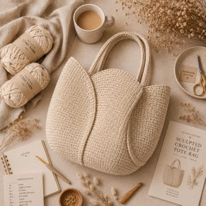 May include: A cream-colored, crocheted tote bag with a unique petal-like design. The image also features two spools of cord yarn, a cup of coffee, a crochet hook, a notebook, and a crochet pattern titled "Sculpted Crochet Tote Bag."