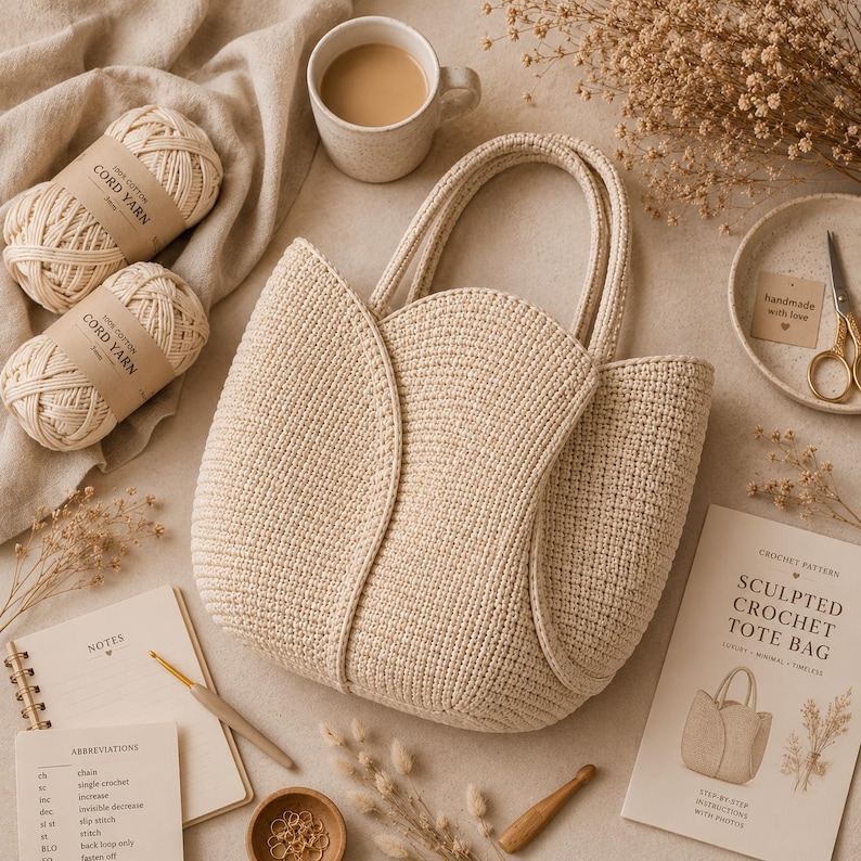 May include: A cream-colored, crocheted tote bag with a unique petal-like design. The image also features two spools of cord yarn, a cup of coffee, a crochet hook, a notebook, and a crochet pattern titled "Sculpted Crochet Tote Bag."