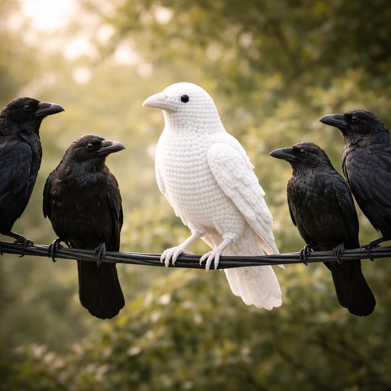 May include: A unique image of five birds perched on a wire. Four are black, while the central bird is white and appears to be crocheted. The birds are set against a blurred green background, creating a striking contrast.