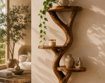 Organic Tree Branch Floating Shelf Woodworking Plans PDF,DIY Acacia Wall Shelf Blueprint,Rustic Tree Shelf Plans,Printable Woodworking Guide