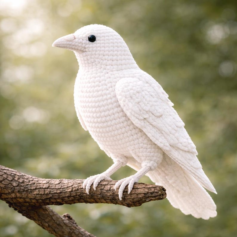 White raven crochet plush bird sitting on a tree branch, handmade amigurumi crow toy, realistic soft yarn bird decor, gothic animal crochet pattern inspiration, unique handmade gift from Bits Bites Boutique