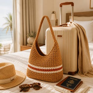May include: A brown crocheted shoulder bag with white and orange stripes. A straw hat, sunglasses, and a passport are on a bed next to a cream suitcase. The scene evokes travel and relaxation, with a coastal vibe.