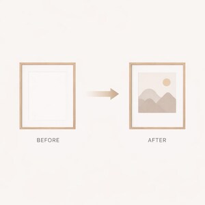 May include: Two framed art prints, one empty and labeled "BEFORE", the other with a landscape design and labeled "AFTER". The "AFTER" print features a beige mountain scene with a sun, all within a light wood frame.