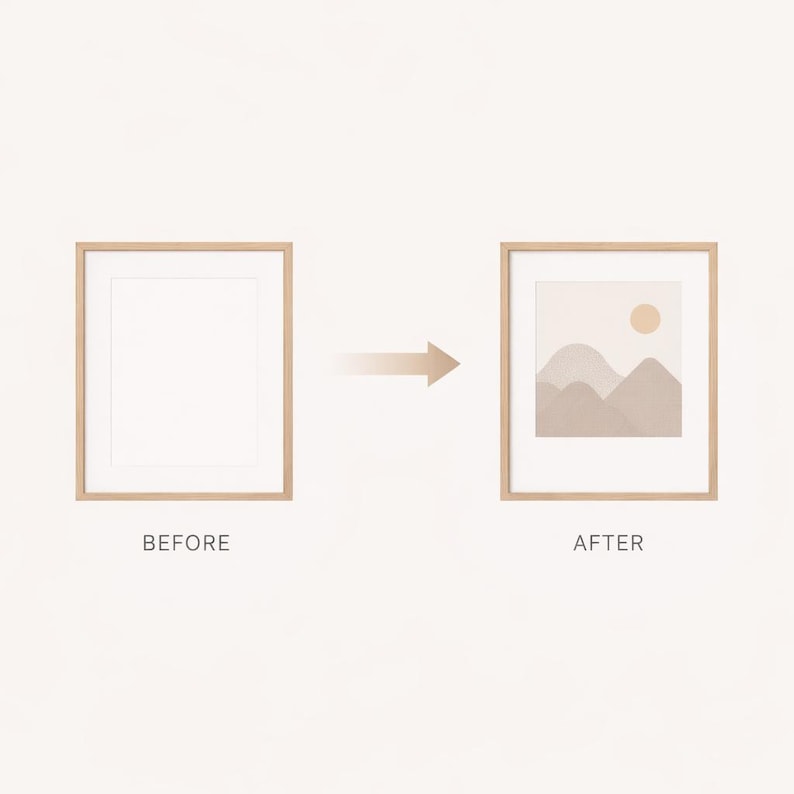 May include: Two framed art prints, one empty and labeled "BEFORE", the other with a landscape design and labeled "AFTER". The "AFTER" print features a beige mountain scene with a sun, all within a light wood frame.