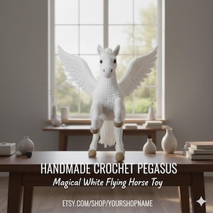 May include: Handmade crochet Pegasus toy. The white flying horse has outstretched wings and tan hooves. The text on the image reads "Handmade Crochet Pegasus Magical White Flying Horse Toy".