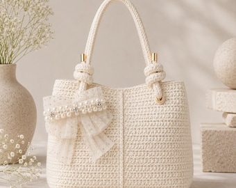 Crochet Pearl Bow Tote Bag Pattern PDF | Beginner Crochet Handbag Purse | Bridal Bow Bag | US Terms | Instant Download