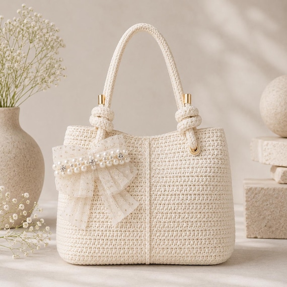Crochet Pearl Bow Tote Bag Pattern PDF | Beginner Crochet Handbag Purse | Bridal Bow Bag | US Terms | Instant Download