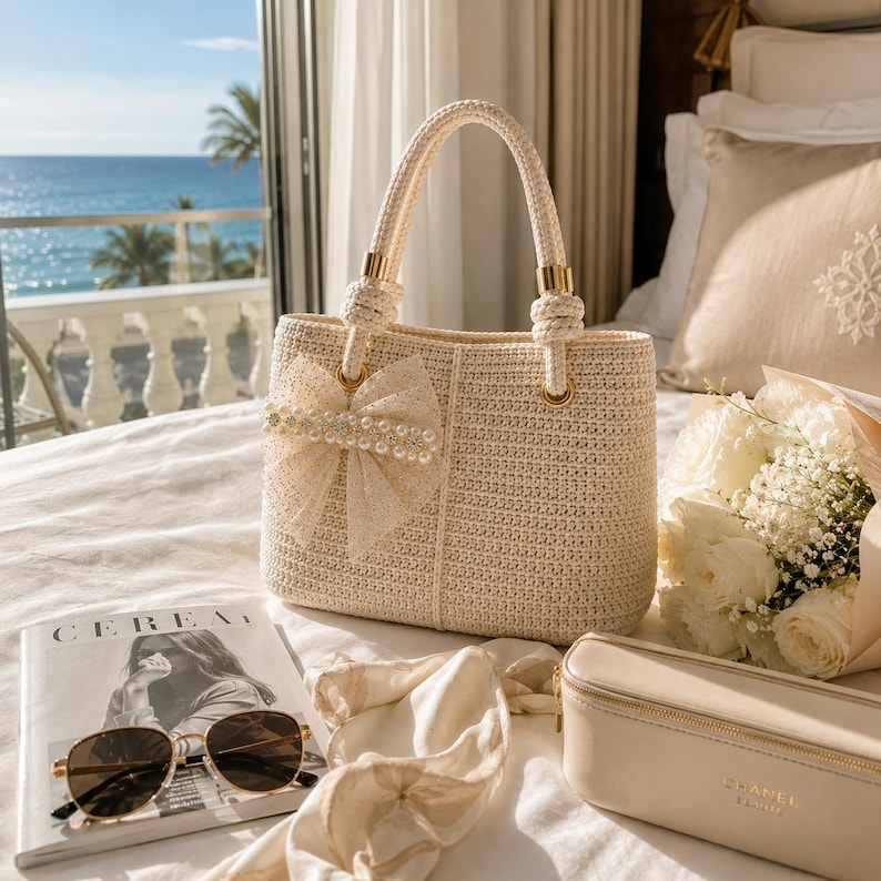 Crochet Pearl Bow Tote Bag Pattern PDF | Beginner Crochet Handbag Purse | Bridal Bow Bag | US Terms | Instant Download image 14